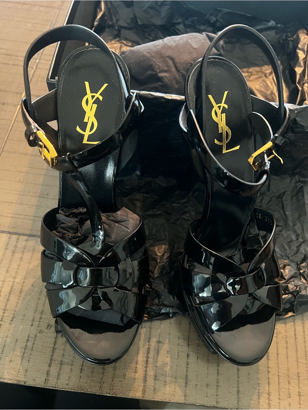 Saint Laurent Black Patent Platform Sandals with Yellow Logo Accent